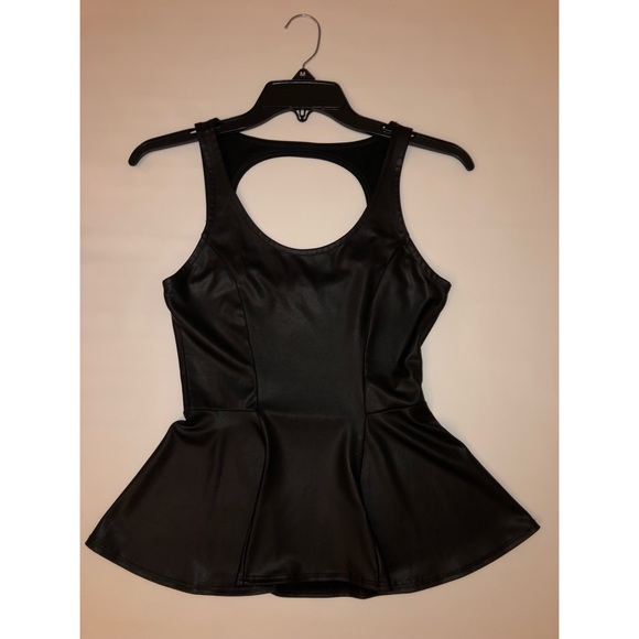 Black Vegan Leather Open Back Peplum Style Top XS - Picture 5 of 8